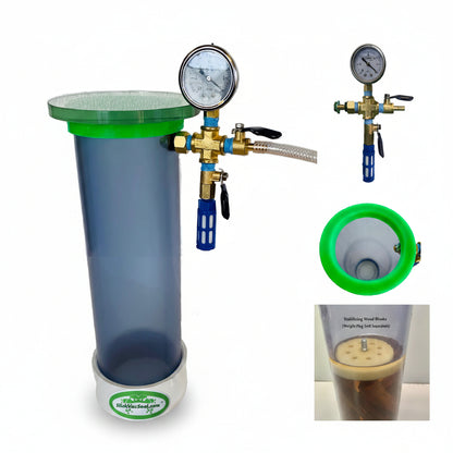 A clear PVC wood stabilizing vacuum chamber with temp glass lid. It includes a vacuum gauge, plumbing system, and a reinforced vacuum hose.